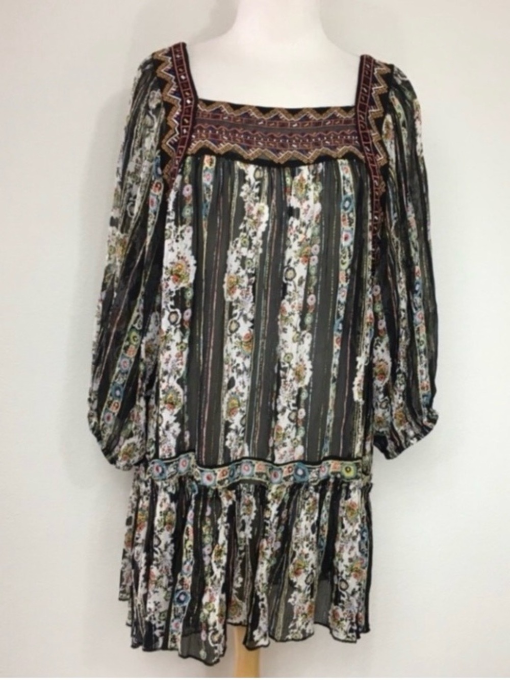 Free People Womens Multicolor Metallic Floral Peasant Embroidered Tunic Size L